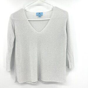 Cece Silver Shimmer V-Neck 3/4 Sleeve Sweater Women's XS